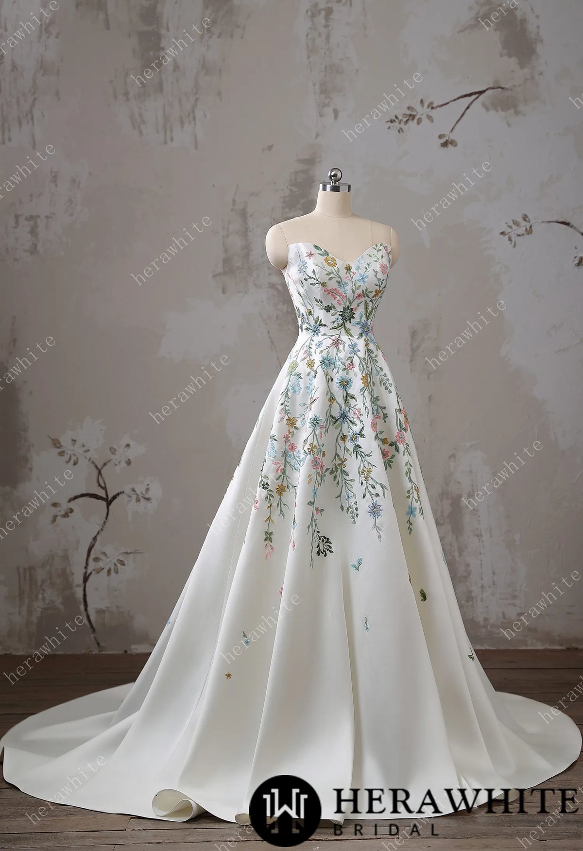 Strapless Floral Embroidered Mikado A line Wedding Dress — HW3492 — image 5