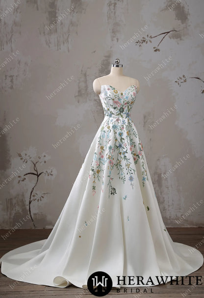 Strapless Floral Embroidered Mikado A line Wedding Dress — HW3492 — image 5