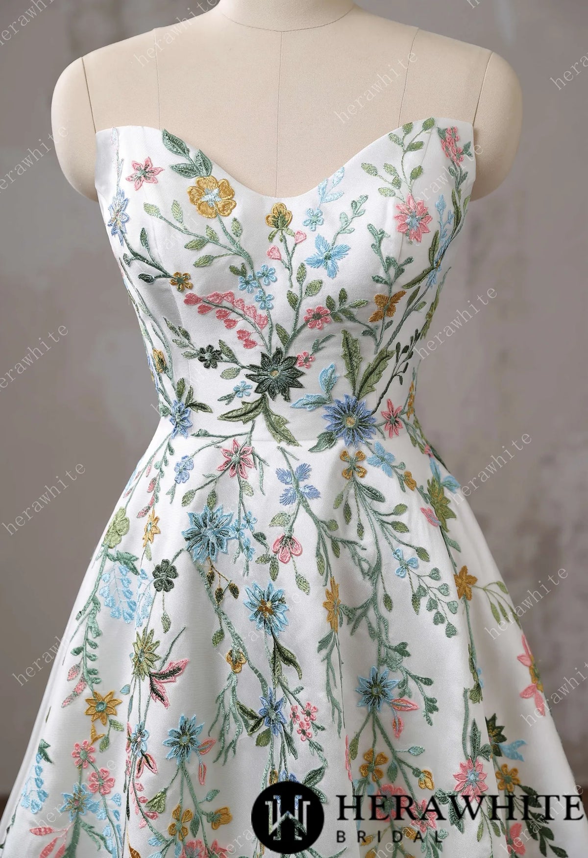 Strapless Floral Embroidered Mikado A line Wedding Dress — HW3492 — image 6
