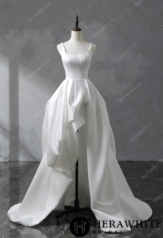 Square Neckline Satin Ball Gown With Asymmetric Draped Wedding Dress — HW3530 — image 1