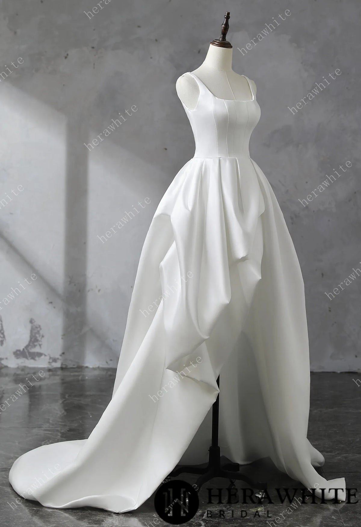Square Neckline Satin Ball Gown With Asymmetric Draped Wedding Dress — HW3530 — image 3