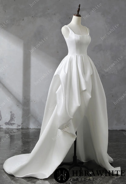 Square Neckline Satin Ball Gown With Asymmetric Draped Wedding Dress — HW3530 — image 3