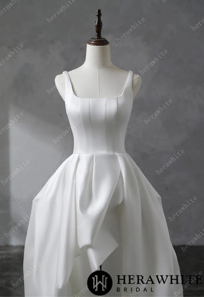 Square Neckline Satin Ball Gown With Asymmetric Draped Wedding Dress — HW3530 — image 4