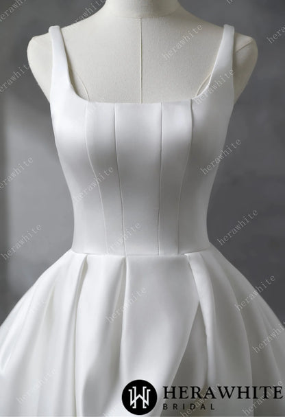 Square Neckline Satin Ball Gown With Asymmetric Draped Wedding Dress — HW3530 — image 5