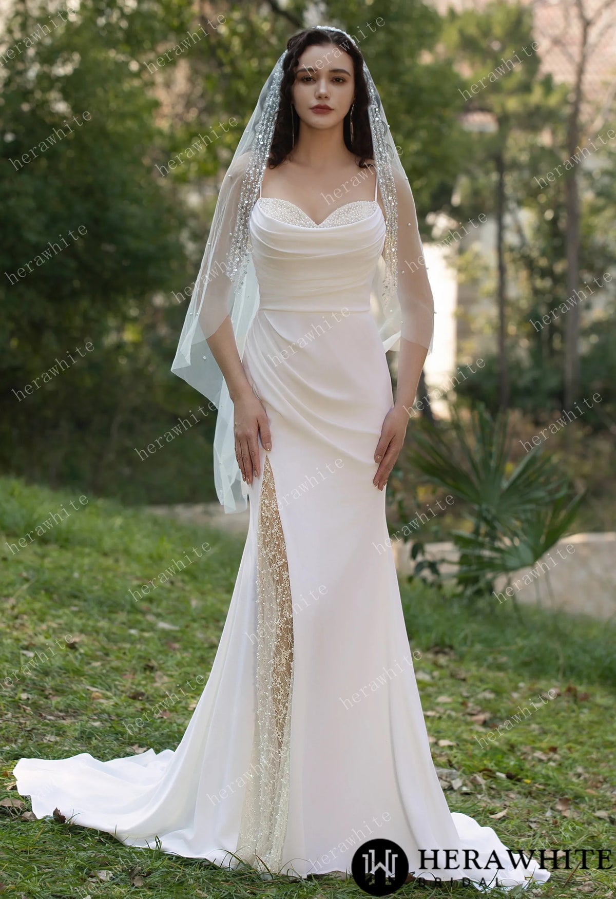 Spaghetti Straps Beaded Crepe With Split Wedding Dress — HW3564 — image 10