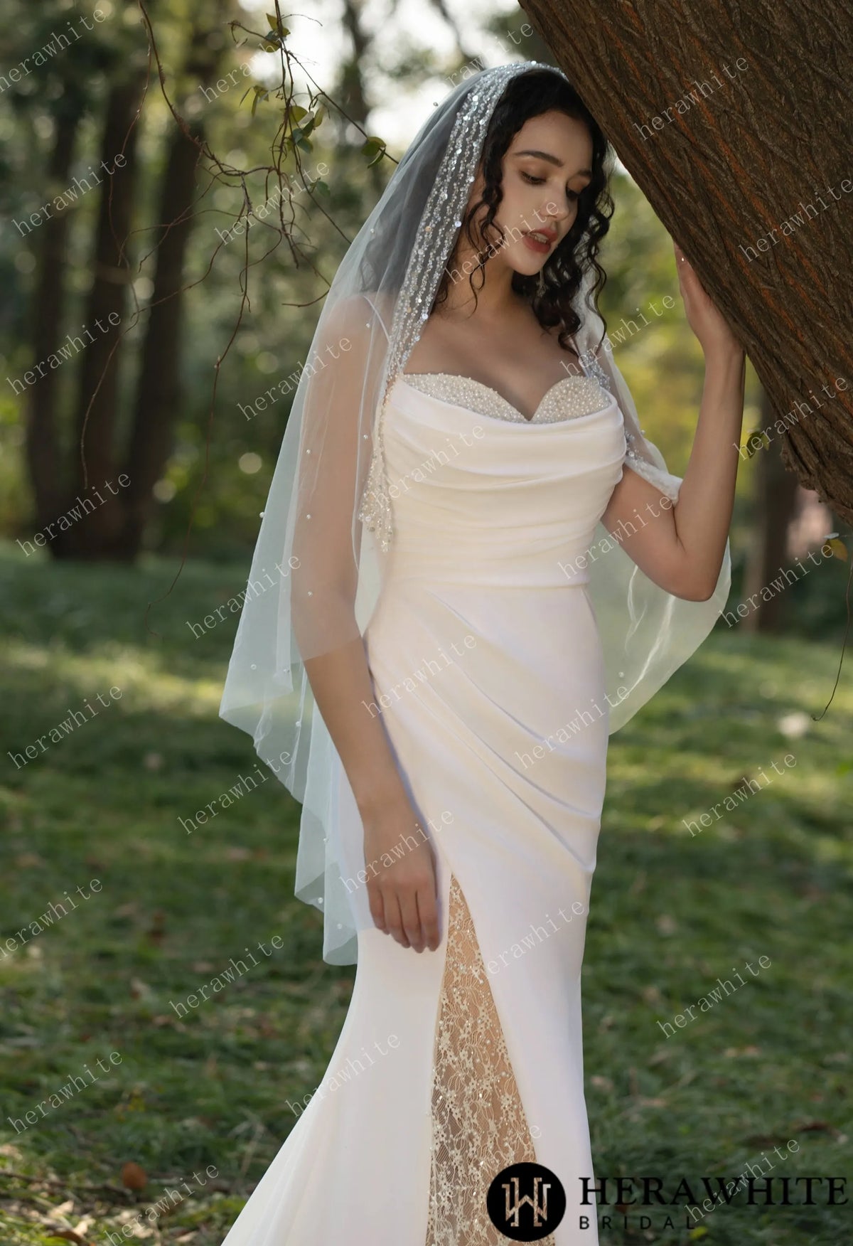 Spaghetti Straps Beaded Crepe With Split Wedding Dress — HW3564 — image 11