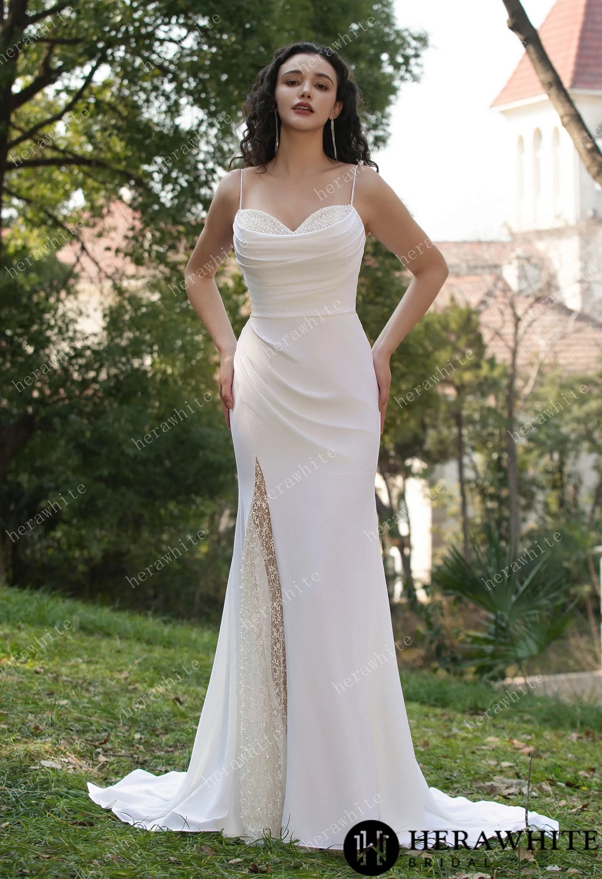 Spaghetti Straps Beaded Crepe With Split Wedding Dress — HW3564 — image 3