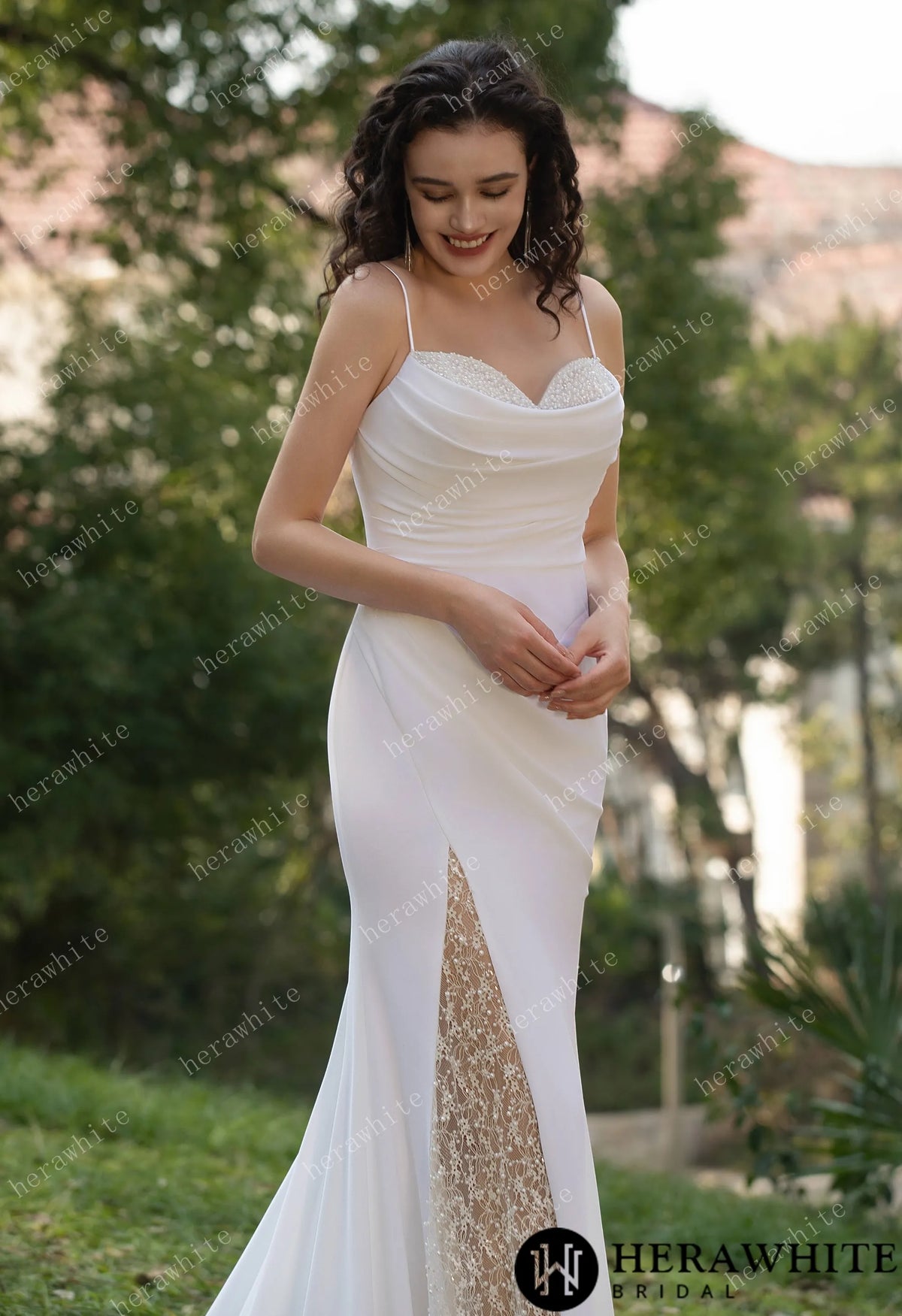 Spaghetti Straps Beaded Crepe With Split Wedding Dress — HW3564 — image 6