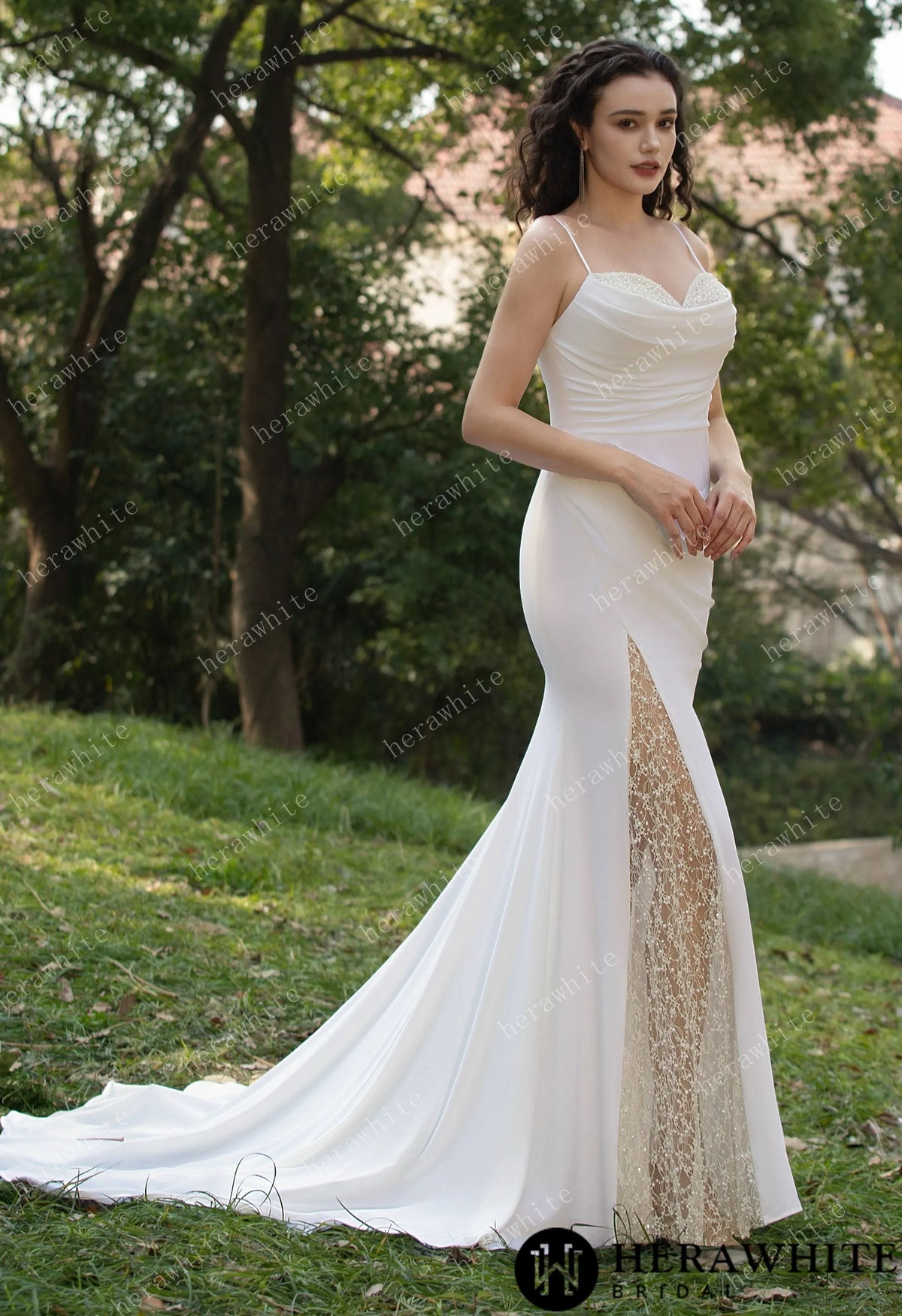 Spaghetti Straps Beaded Crepe With Split Wedding Dress — HW3564 — image 7