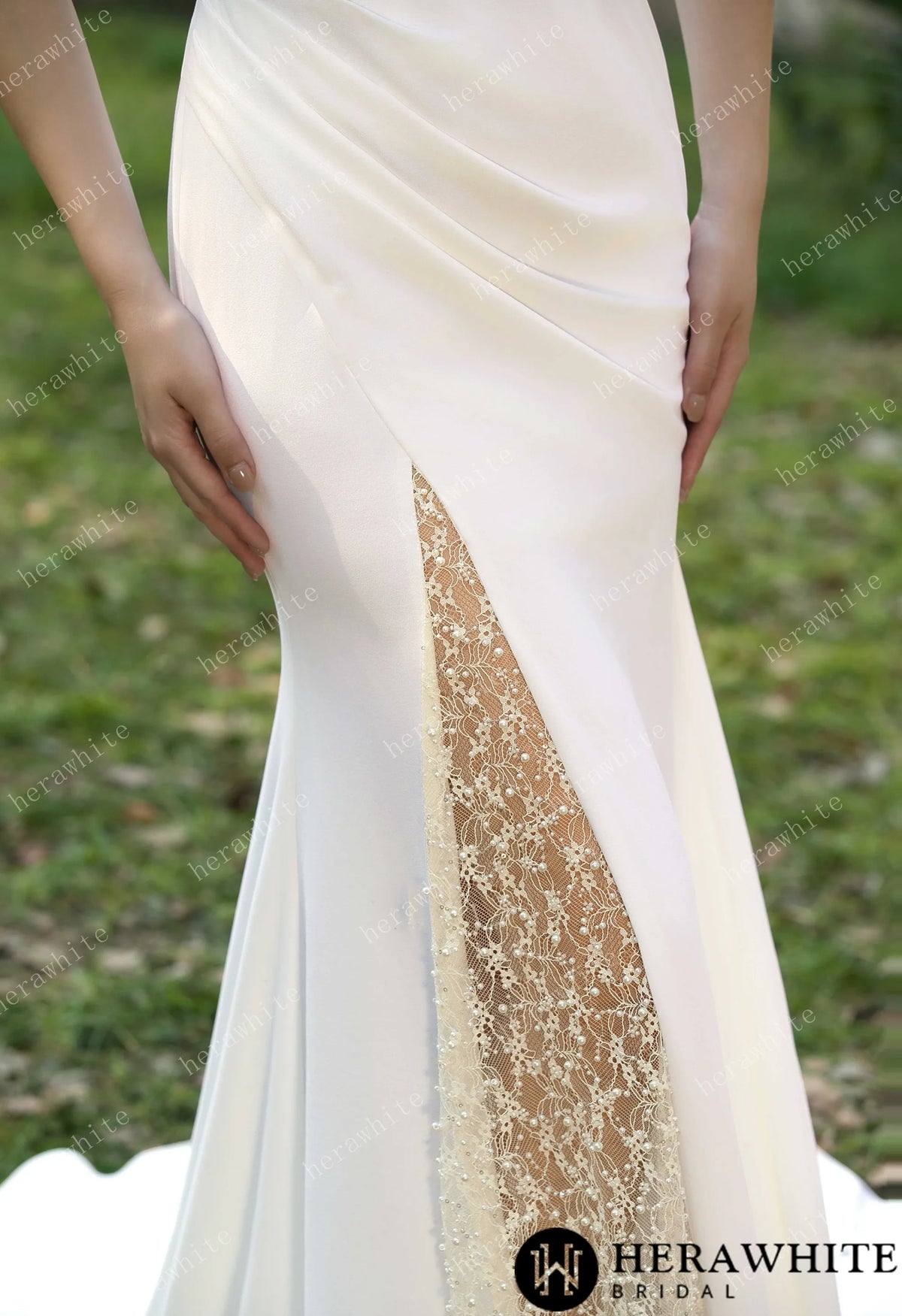 Spaghetti Straps Beaded Crepe With Split Wedding Dress — HW3564 — image 8