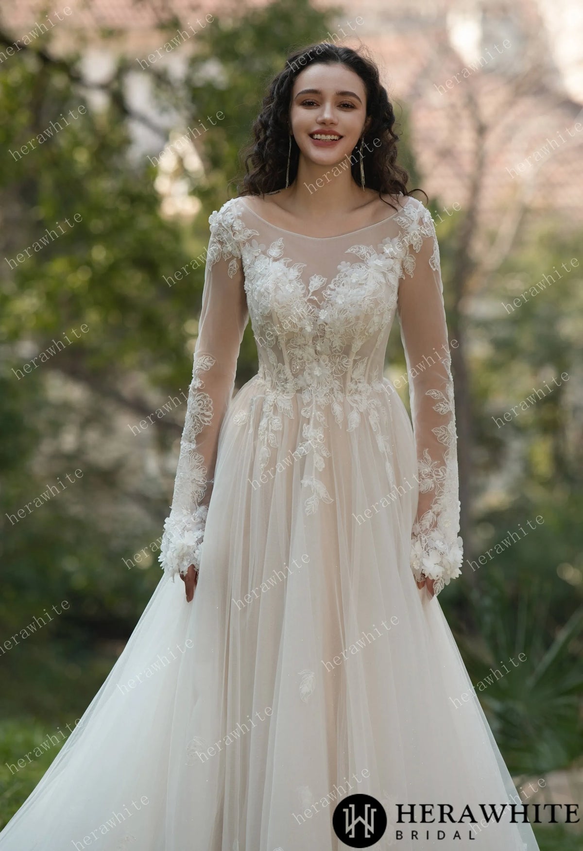 3D Flower Bateau Neckline Long Sleeve Eternal Lace Gown — HW3565 — image 1