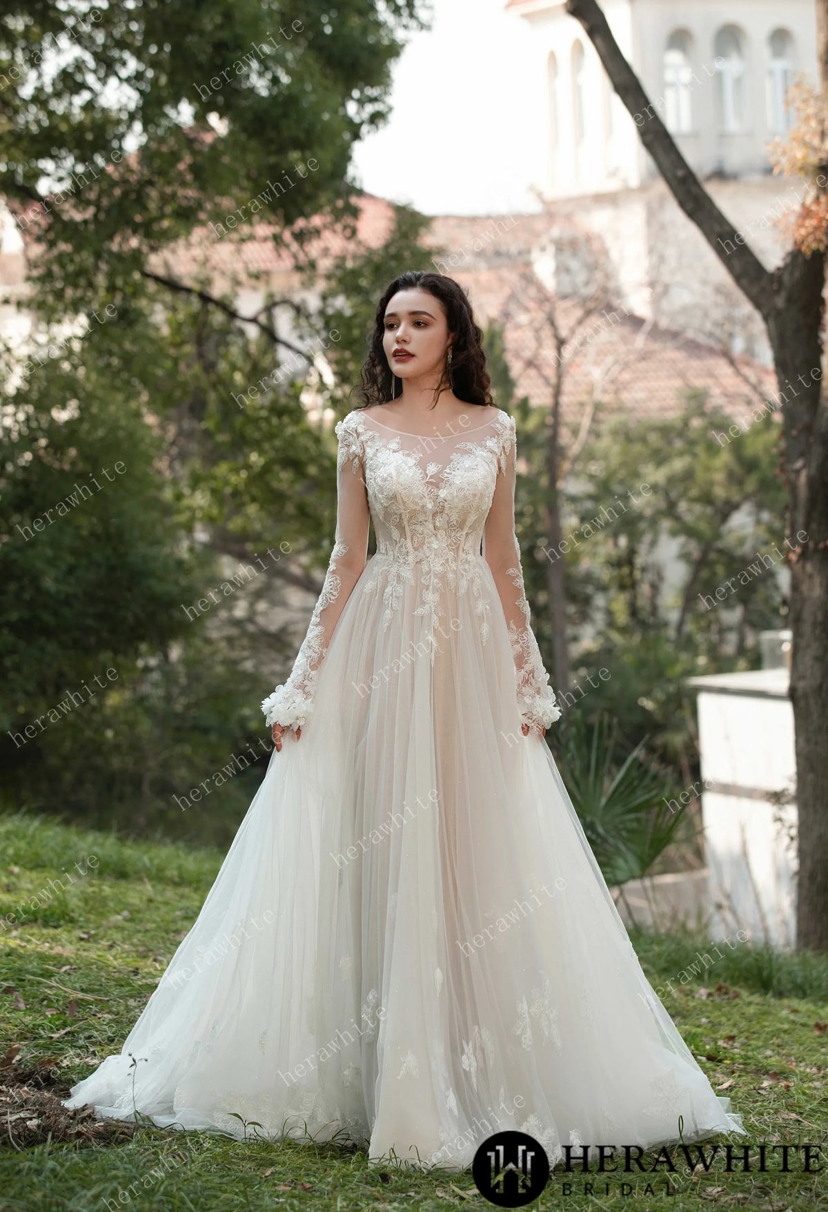3D Flower Bateau Neckline Long Sleeve Eternal Lace Gown — HW3565 — image 2