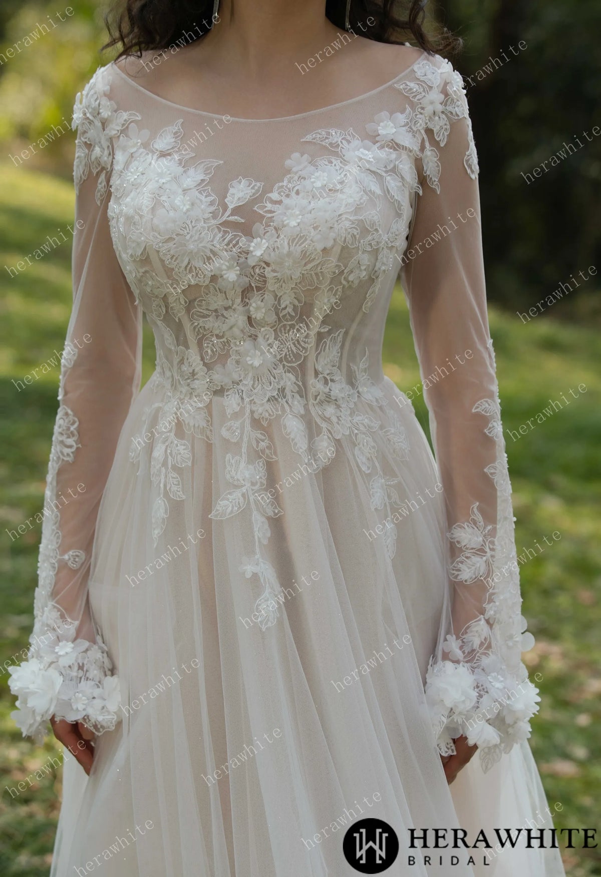 3D Flower Bateau Neckline Long Sleeve Eternal Lace Gown — HW3565 — image 3