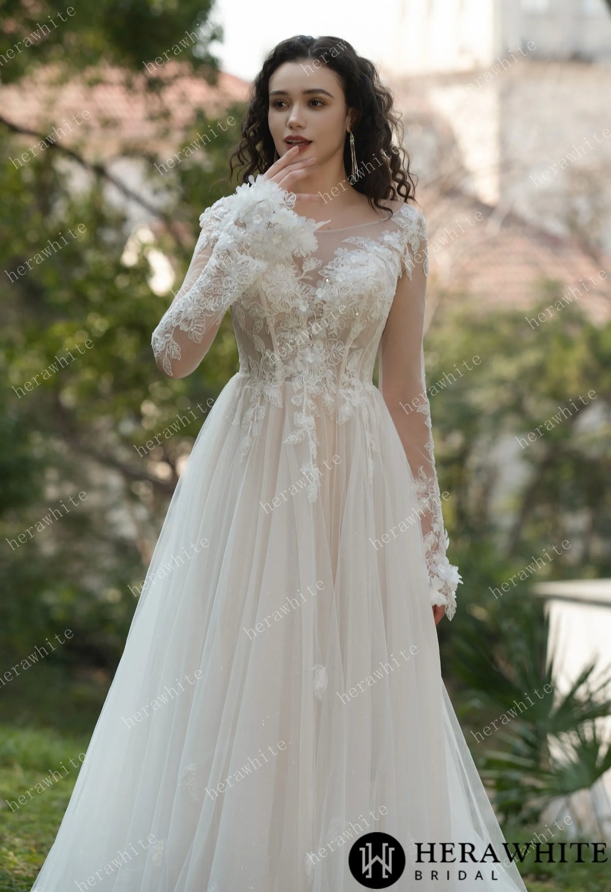 3D Flower Bateau Neckline Long Sleeve Eternal Lace Gown — HW3565 — image 4