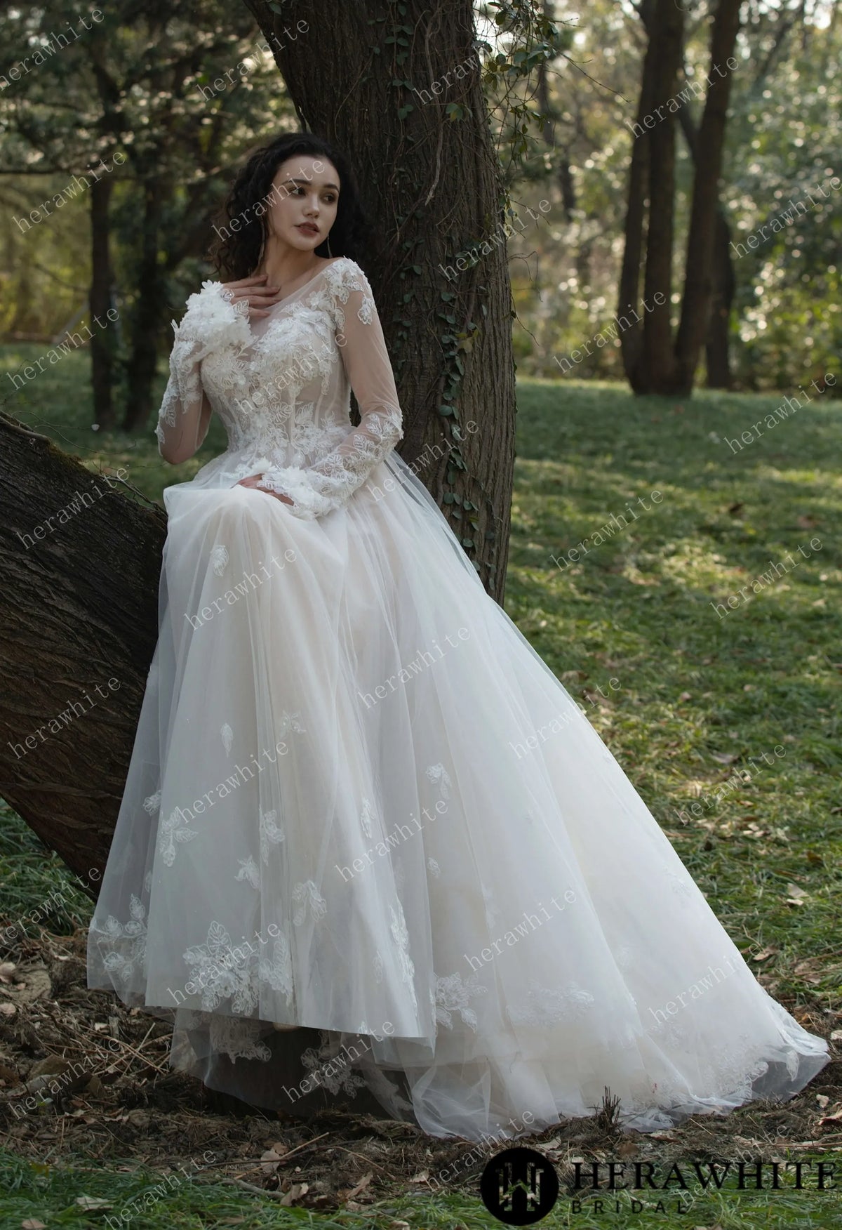 3D Flower Bateau Neckline Long Sleeve Eternal Lace Gown — HW3565 — image 5