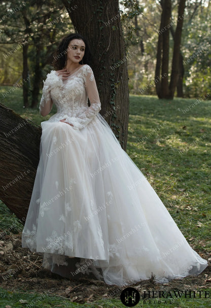 3D Flower Bateau Neckline Long Sleeve Eternal Lace Gown — HW3565 — image 5