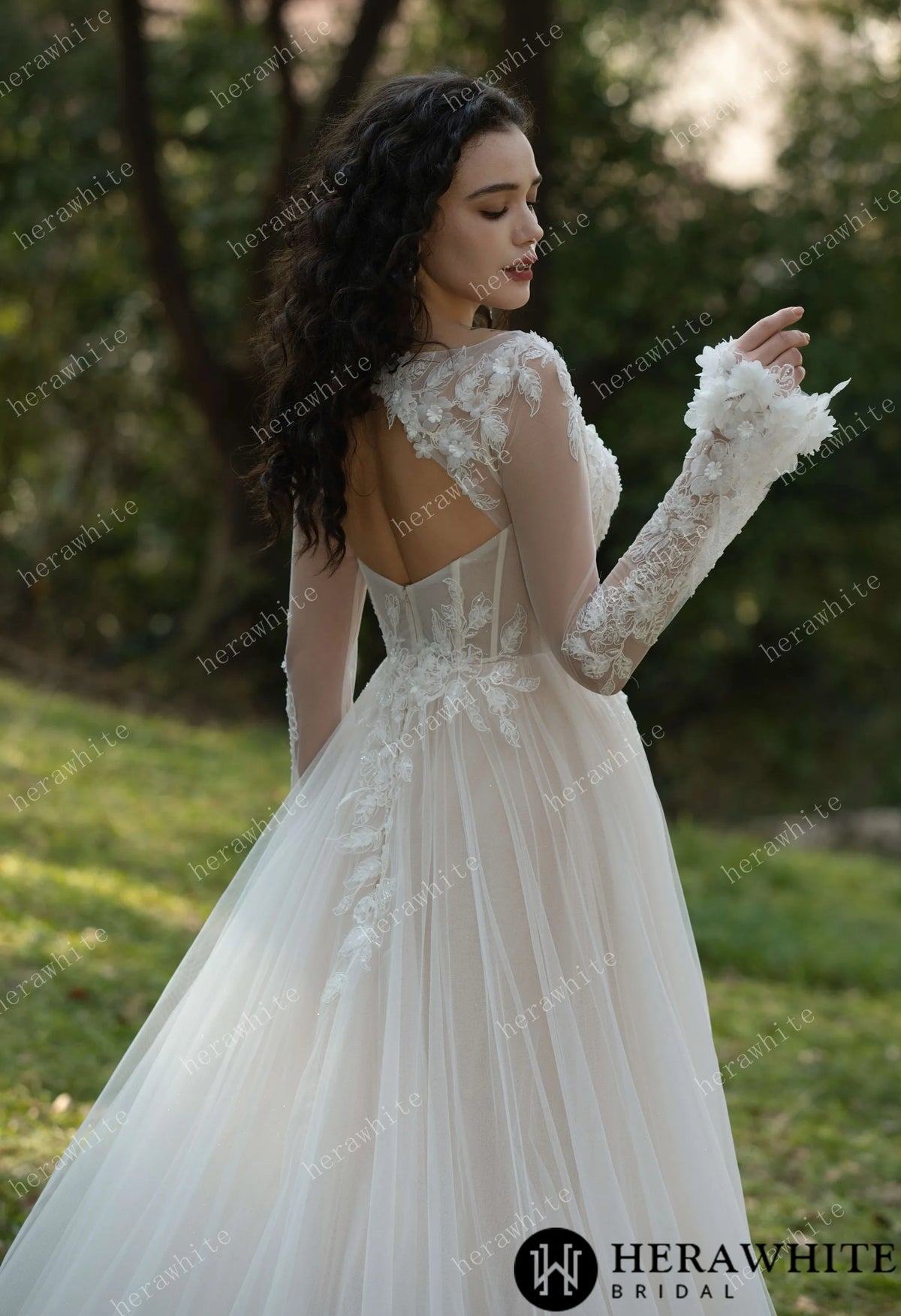 3D Flower Bateau Neckline Long Sleeve Eternal Lace Gown — HW3565 — image 6