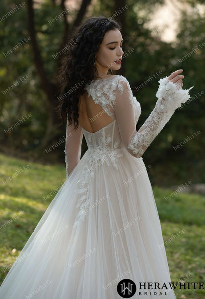 3D Flower Bateau Neckline Long Sleeve Eternal Lace Gown — HW3565 — image 6