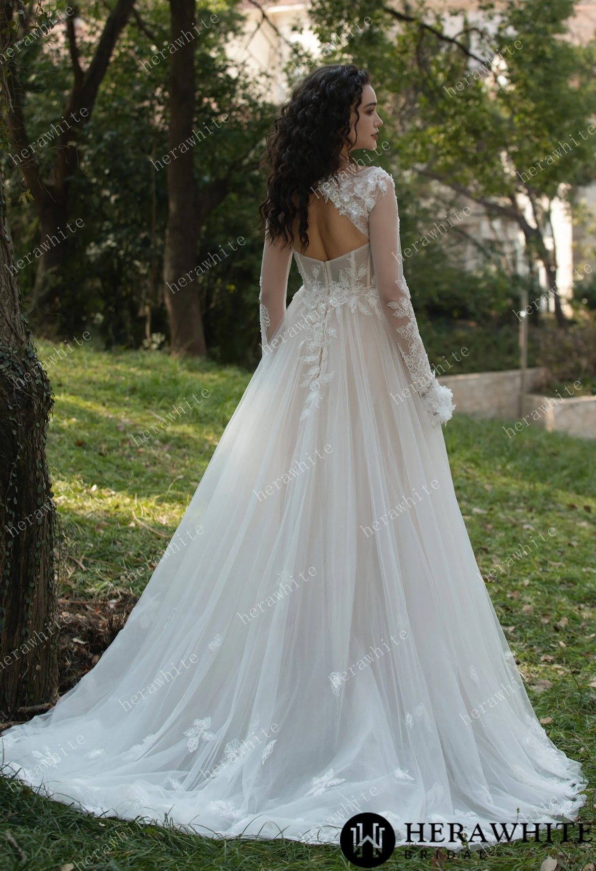 3D Flower Bateau Neckline Long Sleeve Eternal Lace Gown — HW3565 — image 7