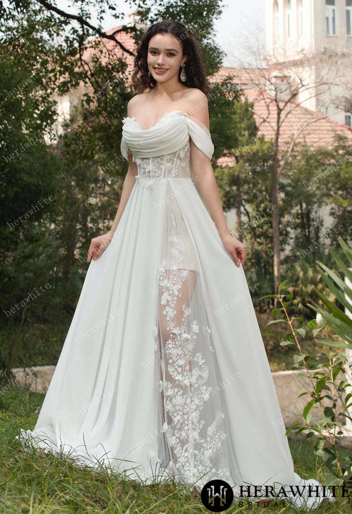 As Cheerful  Off the Shoulder Chiffon Wedding Dress — HW3566 — image 1