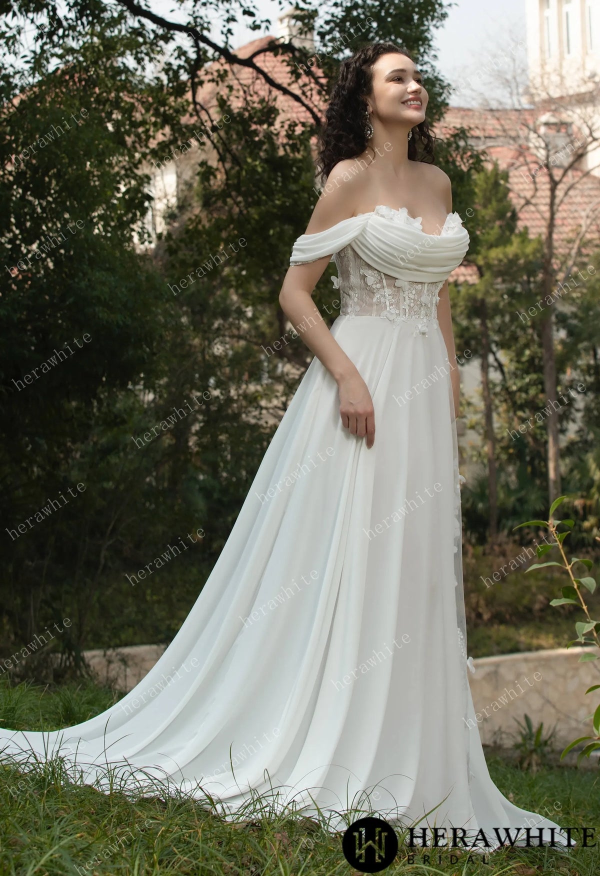 As Cheerful  Off the Shoulder Chiffon Wedding Dress — HW3566 — image 5