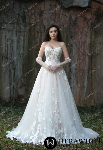 Strapless Tulle Wedding Ball Gown with 3D Embroidery Flowers — HW3569 — image 1