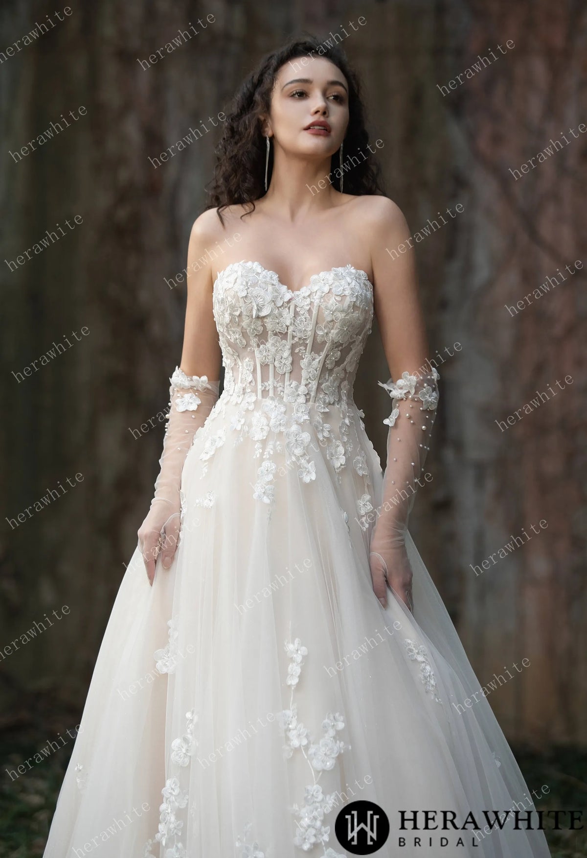 Strapless Tulle Wedding Ball Gown with 3D Embroidery Flowers — HW3569 — image 2