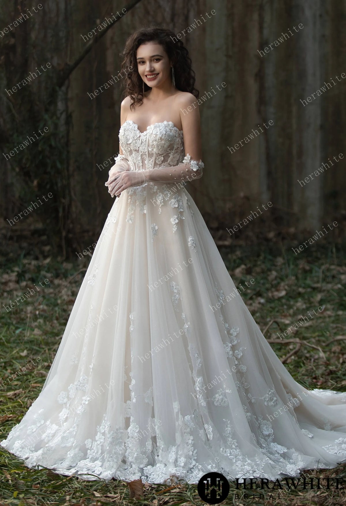 Strapless Tulle Wedding Ball Gown with 3D Embroidery Flowers — HW3569 — image 3