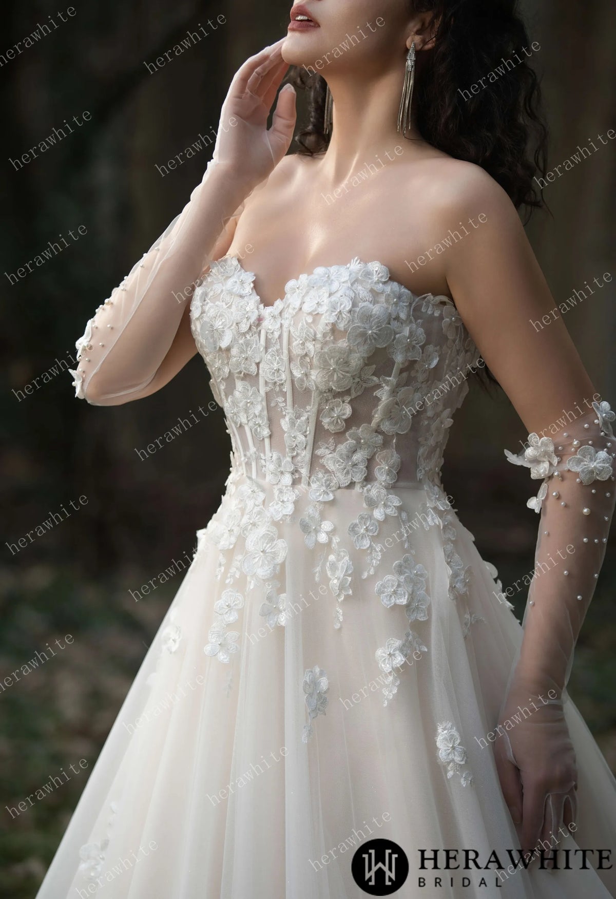Strapless Tulle Wedding Ball Gown with 3D Embroidery Flowers — HW3569 — image 4