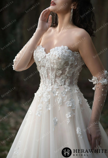 Strapless Tulle Wedding Ball Gown with 3D Embroidery Flowers — HW3569 — image 4