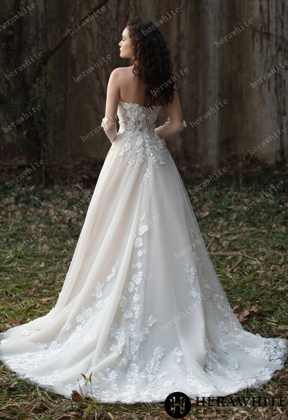 Strapless Tulle Wedding Ball Gown with 3D Embroidery Flowers — HW3569 — image 5