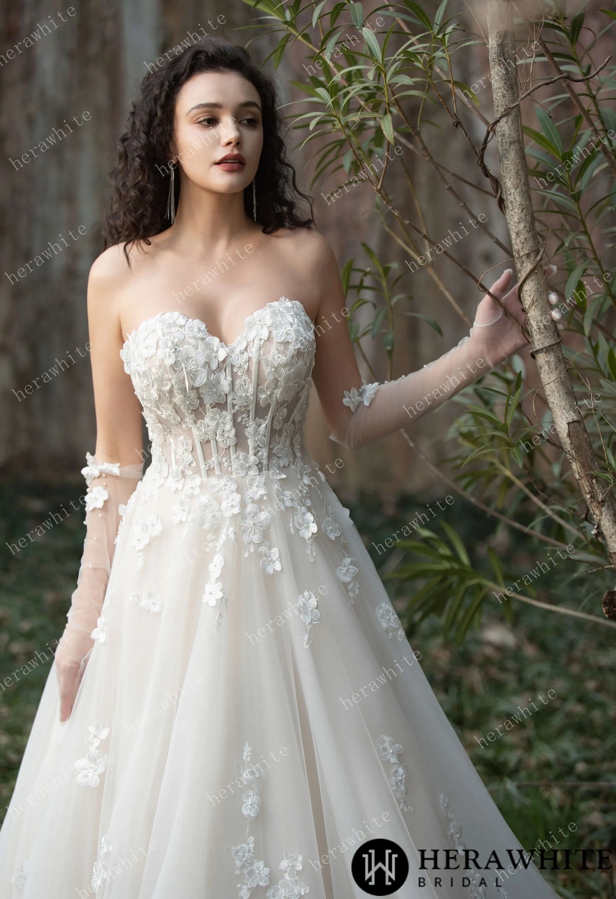 Strapless Tulle Wedding Ball Gown with 3D Embroidery Flowers — HW3569 — image 7