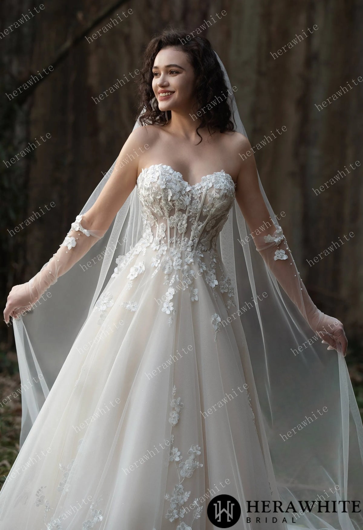 Strapless Tulle Wedding Ball Gown with 3D Embroidery Flowers — HW3569 — image 8