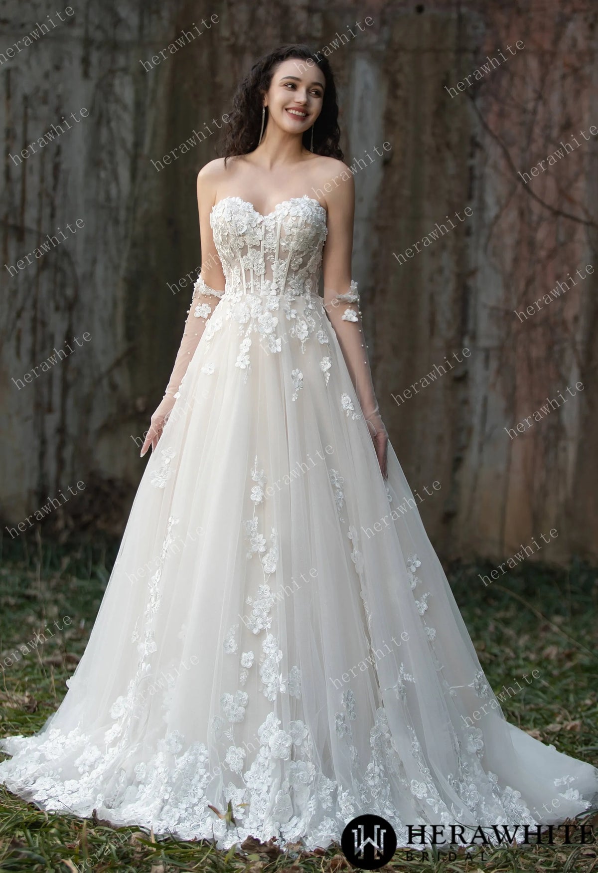Strapless Tulle Wedding Ball Gown with 3D Embroidery Flowers — HW3569 — image 9
