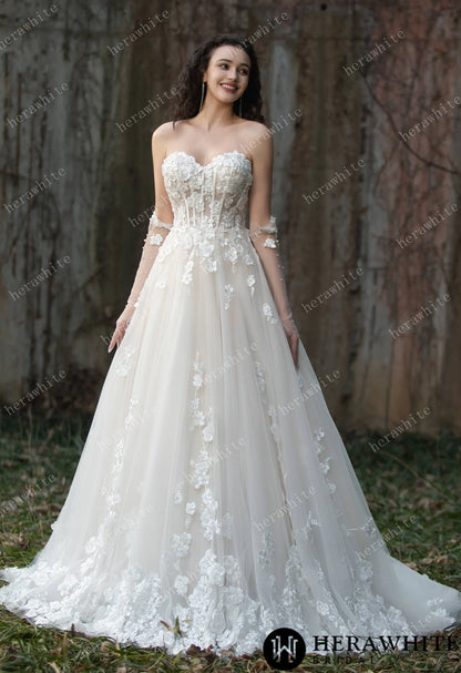 Strapless Tulle Wedding Ball Gown with 3D Embroidery Flowers — HW3569 — image 9