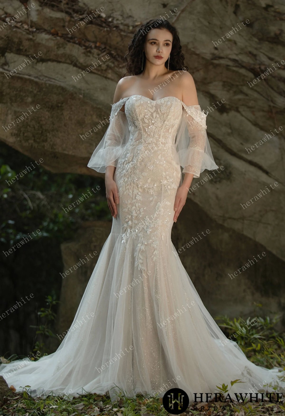 Beaded and Sequined Lace Off the Shoulder  Wedding Dress — HW3572 — image 1