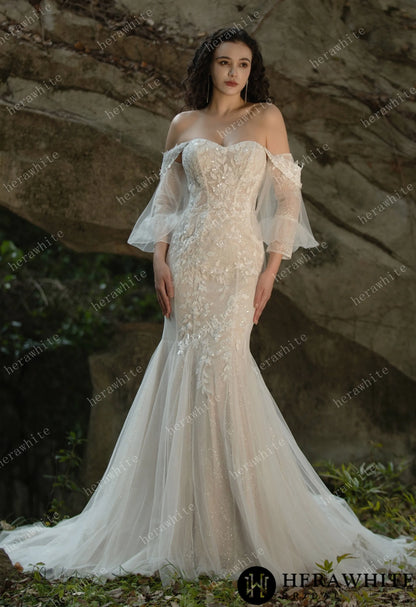 Beaded and Sequined Lace Off the Shoulder  Wedding Dress — HW3572 — image 1