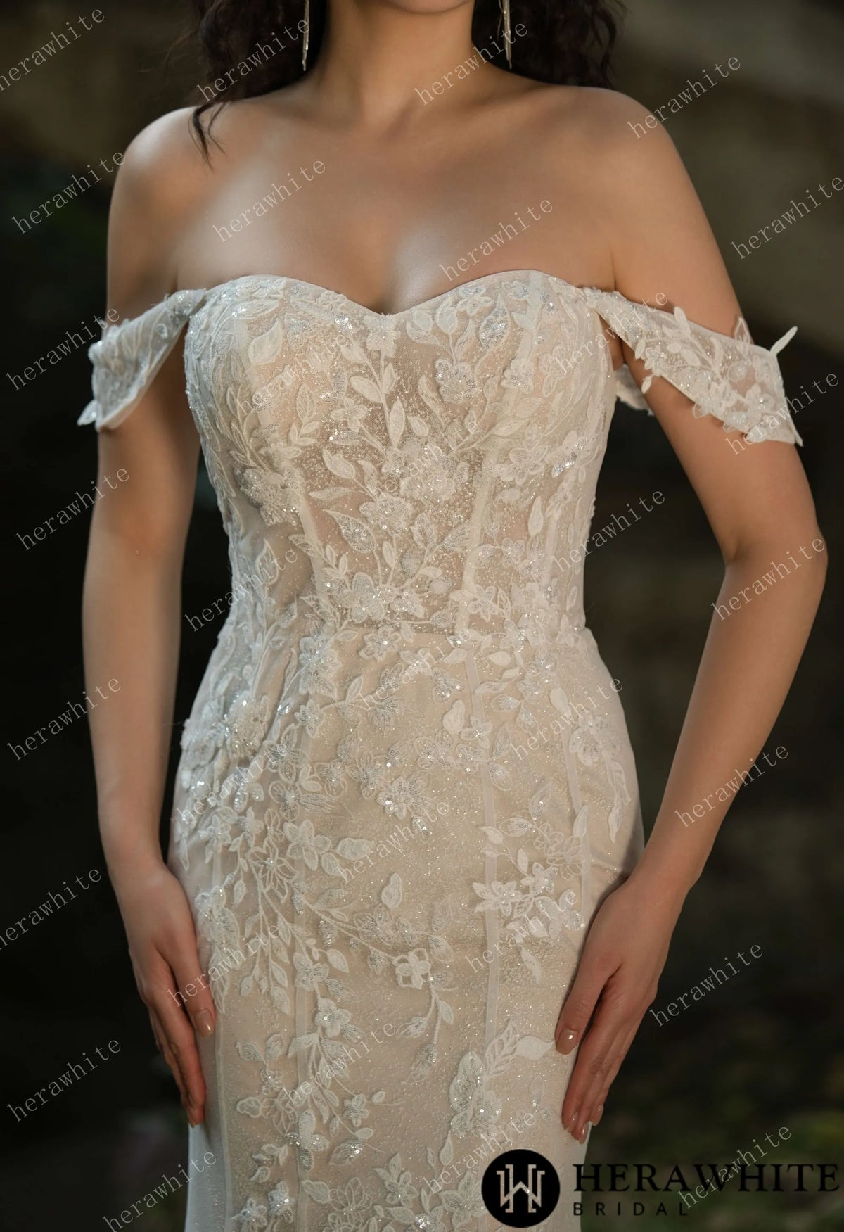 Beaded and Sequined Lace Off the Shoulder  Wedding Dress — HW3572 — image 2