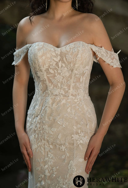 Beaded and Sequined Lace Off the Shoulder  Wedding Dress — HW3572 — image 2