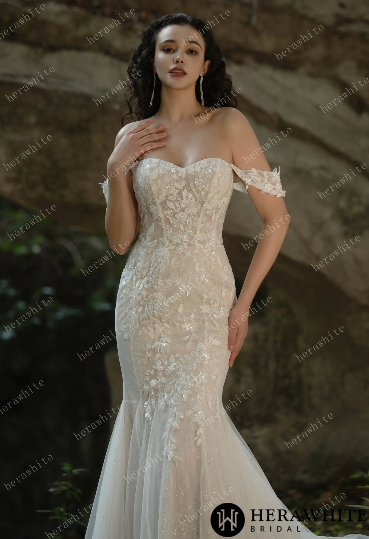 Beaded and Sequined Lace Off the Shoulder  Wedding Dress — HW3572 — image 3