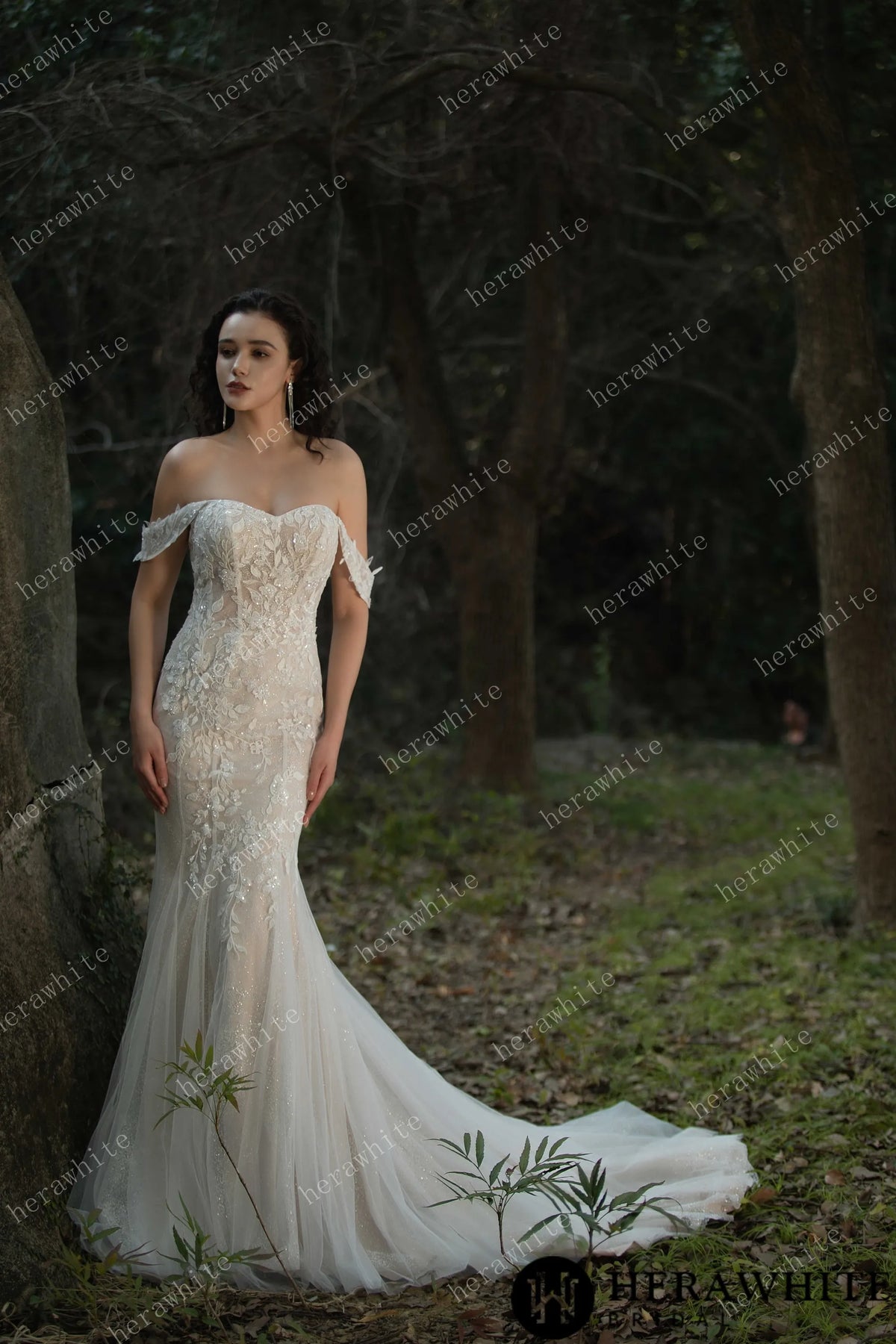 Beaded and Sequined Lace Off the Shoulder  Wedding Dress — HW3572 — image 4
