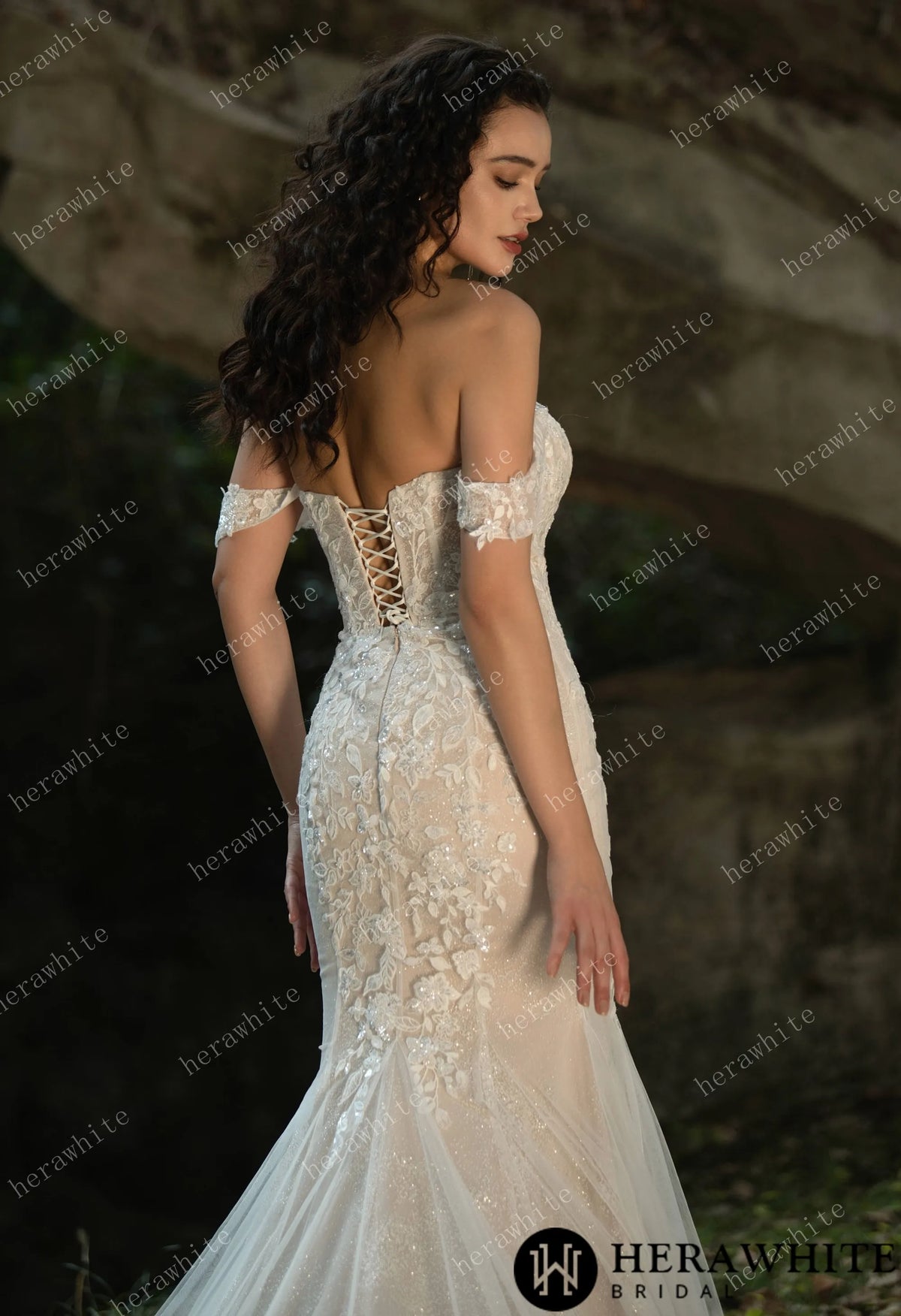 Beaded and Sequined Lace Off the Shoulder  Wedding Dress — HW3572 — image 5