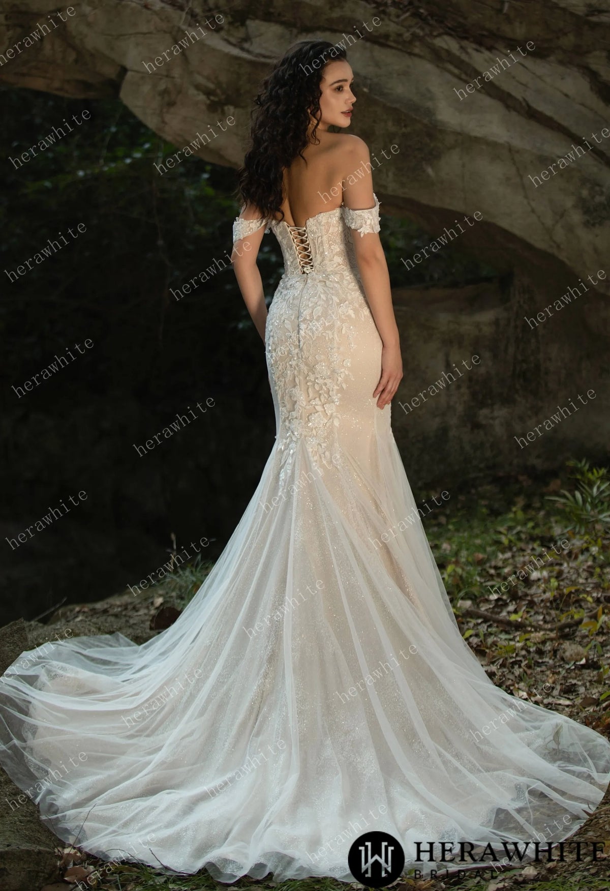 Beaded and Sequined Lace Off the Shoulder  Wedding Dress — HW3572 — image 6