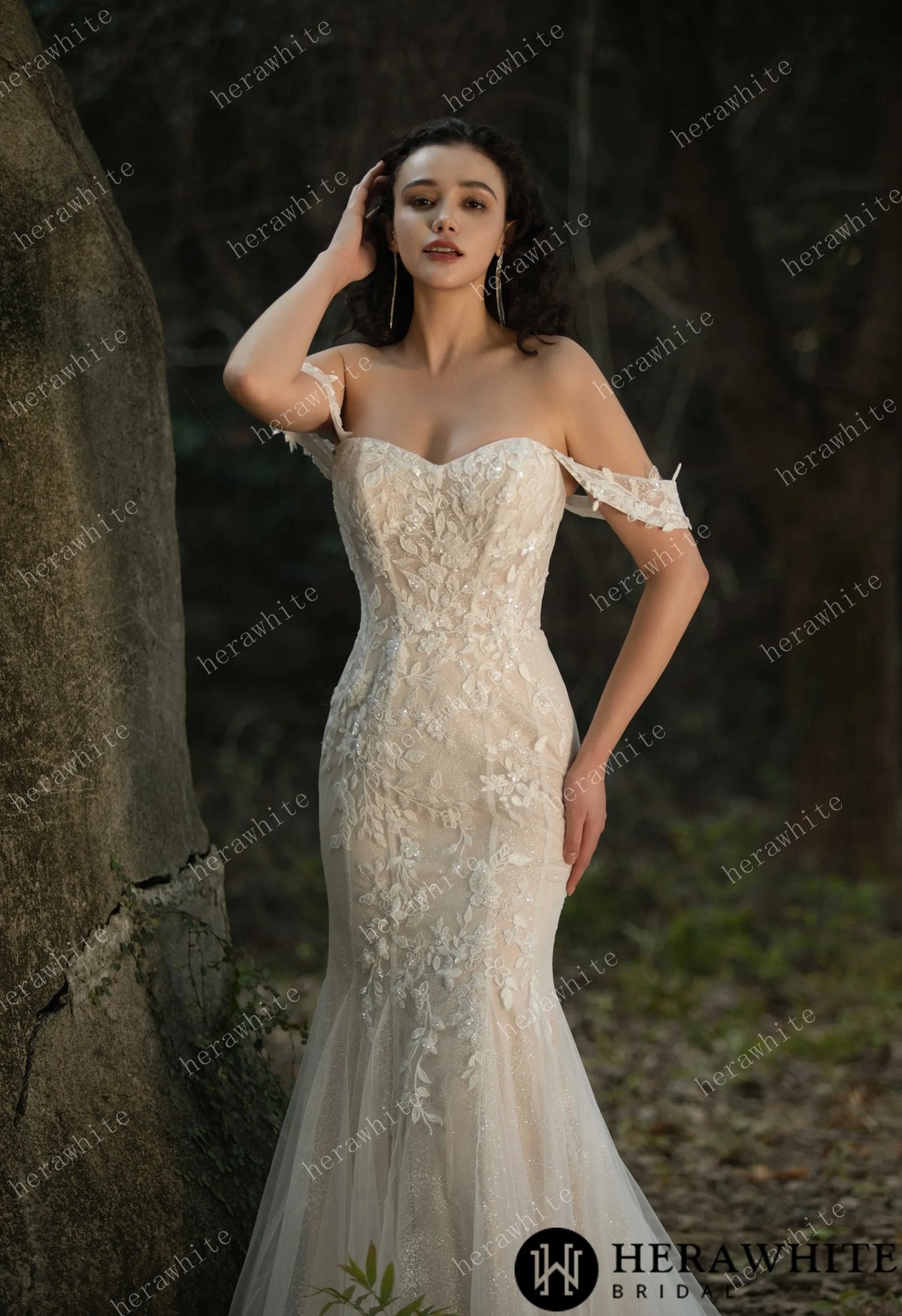 Beaded and Sequined Lace Off the Shoulder  Wedding Dress — HW3572 — image 7