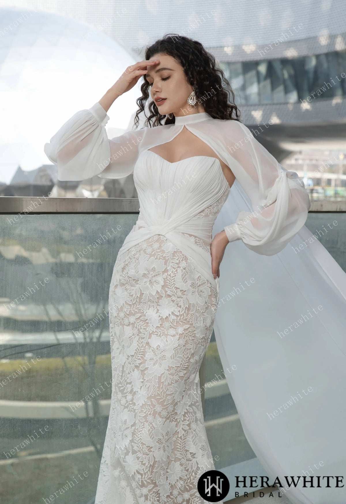 Elegant Strapless Pleated Wedding Dress with Lace Mermaid Skirt and Flowing Sheer Cape — HW3580 — image 1