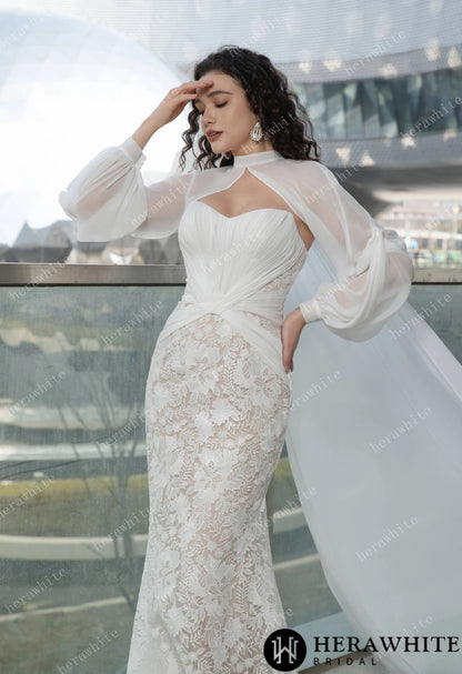 Elegant Strapless Pleated Wedding Dress with Lace Mermaid Skirt and Flowing Sheer Cape — HW3580 — image 1