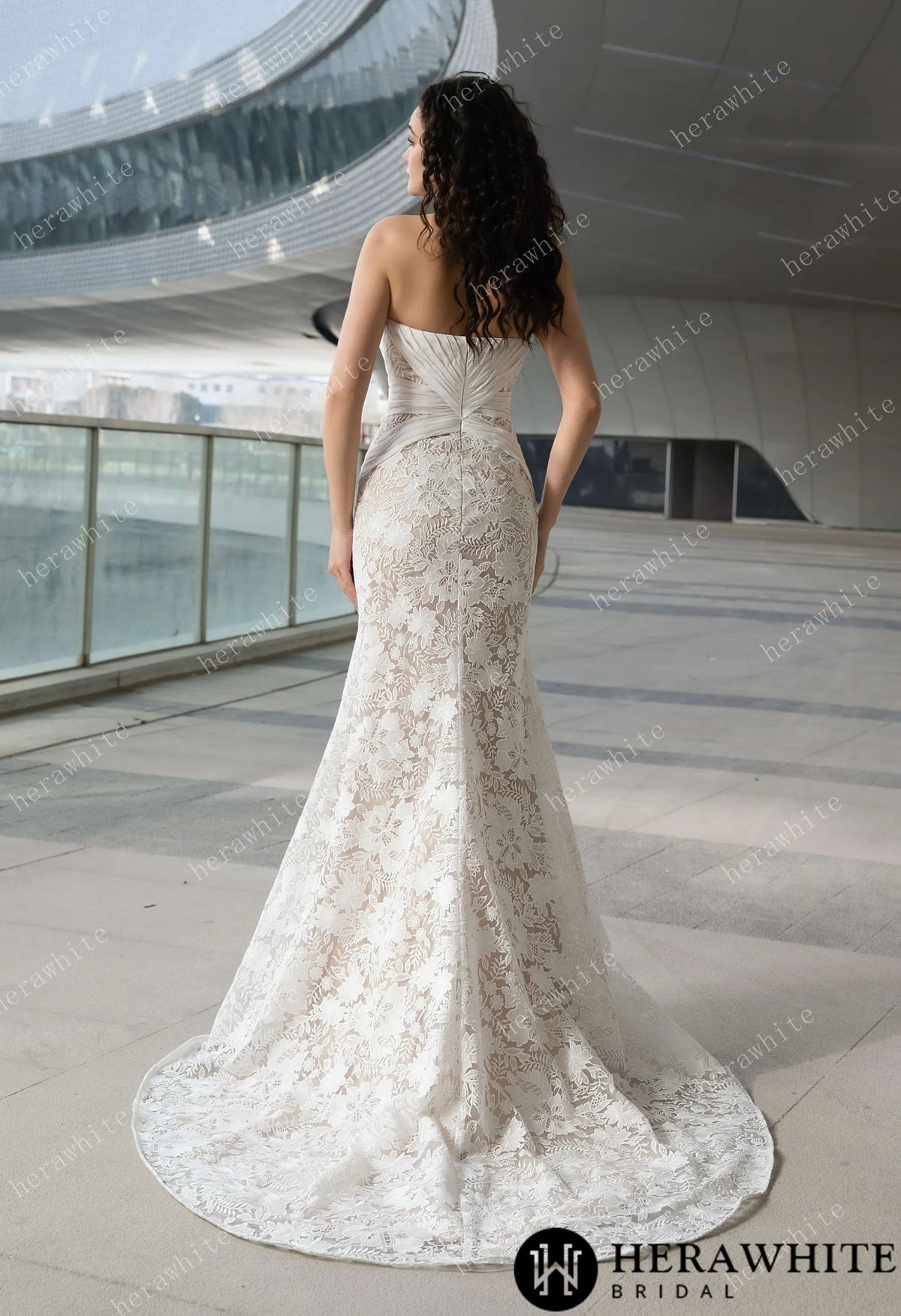 Elegant Strapless Pleated Wedding Dress with Lace Mermaid Skirt and Flowing Sheer Cape — HW3580 — image 11