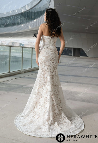 Elegant Strapless Pleated Wedding Dress with Lace Mermaid Skirt and Flowing Sheer Cape — HW3580 — image 11
