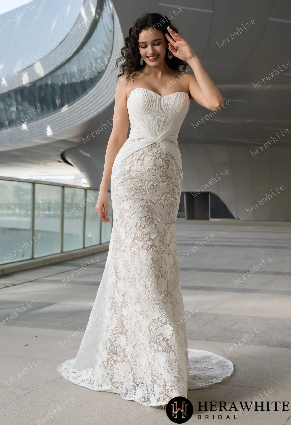 Elegant Strapless Pleated Wedding Dress with Lace Mermaid Skirt and Flowing Sheer Cape — HW3580 — image 12
