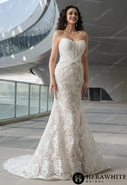 Elegant Strapless Pleated Wedding Dress with Lace Mermaid Skirt and Flowing Sheer Cape — HW3580 — image 2